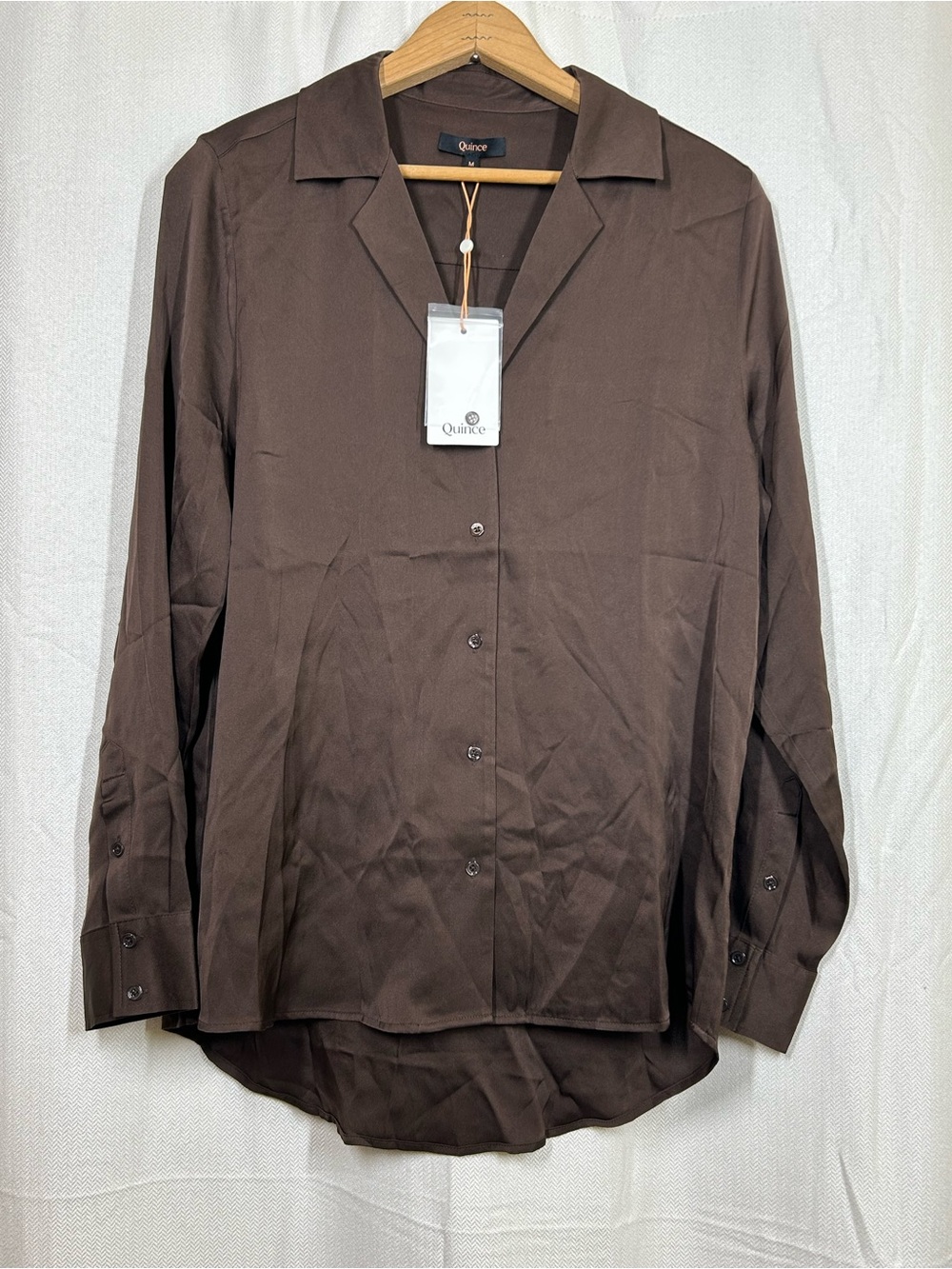 Quince Hot Fudge Dark Brown Blouse 90% Silk Notched Collar Sz Medium New Top